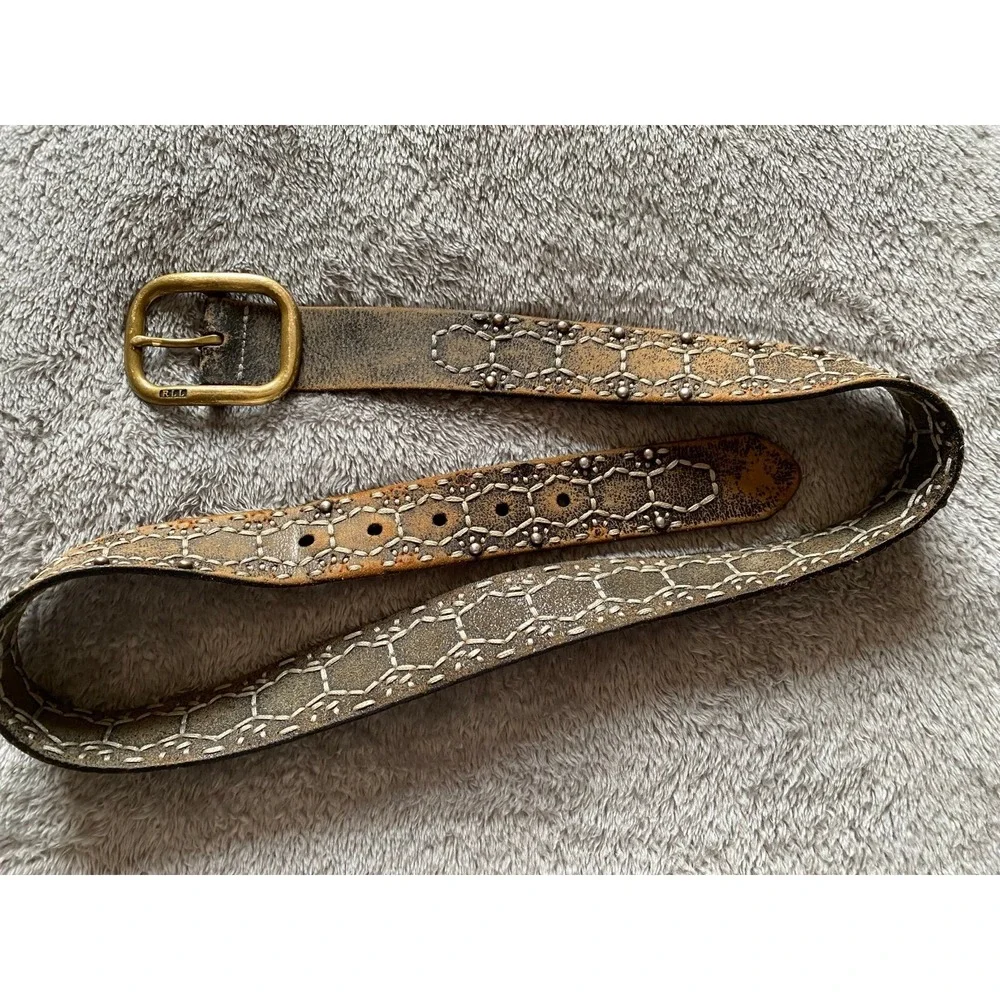 RLL Distressed Leather Studded Belt Ralph Lauren Vintage Brass Buckle Y2K